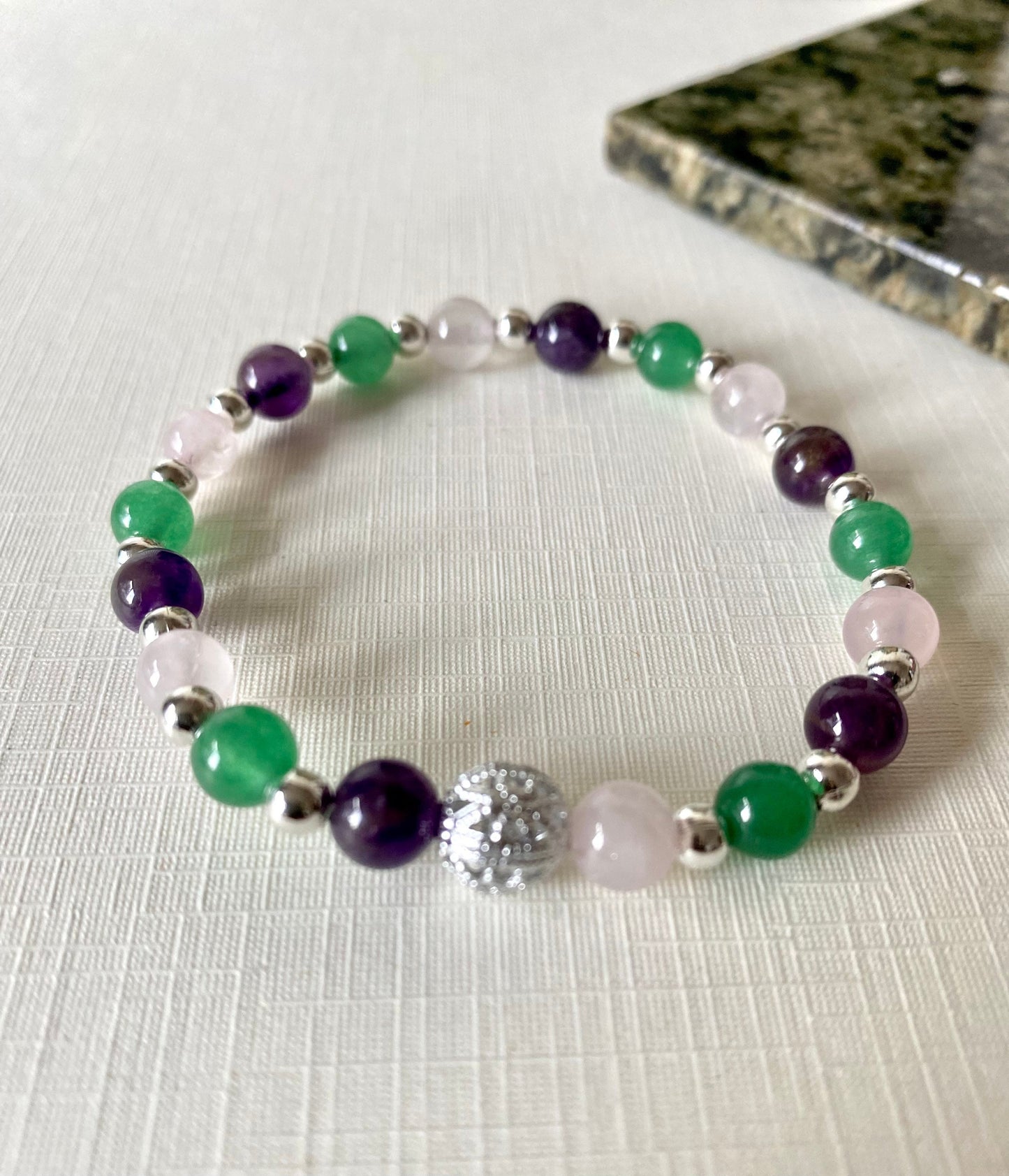 Self Love Gemstone Crystal Bracelet with Rose Quartz, Amethyst and Green Aventurine Beads