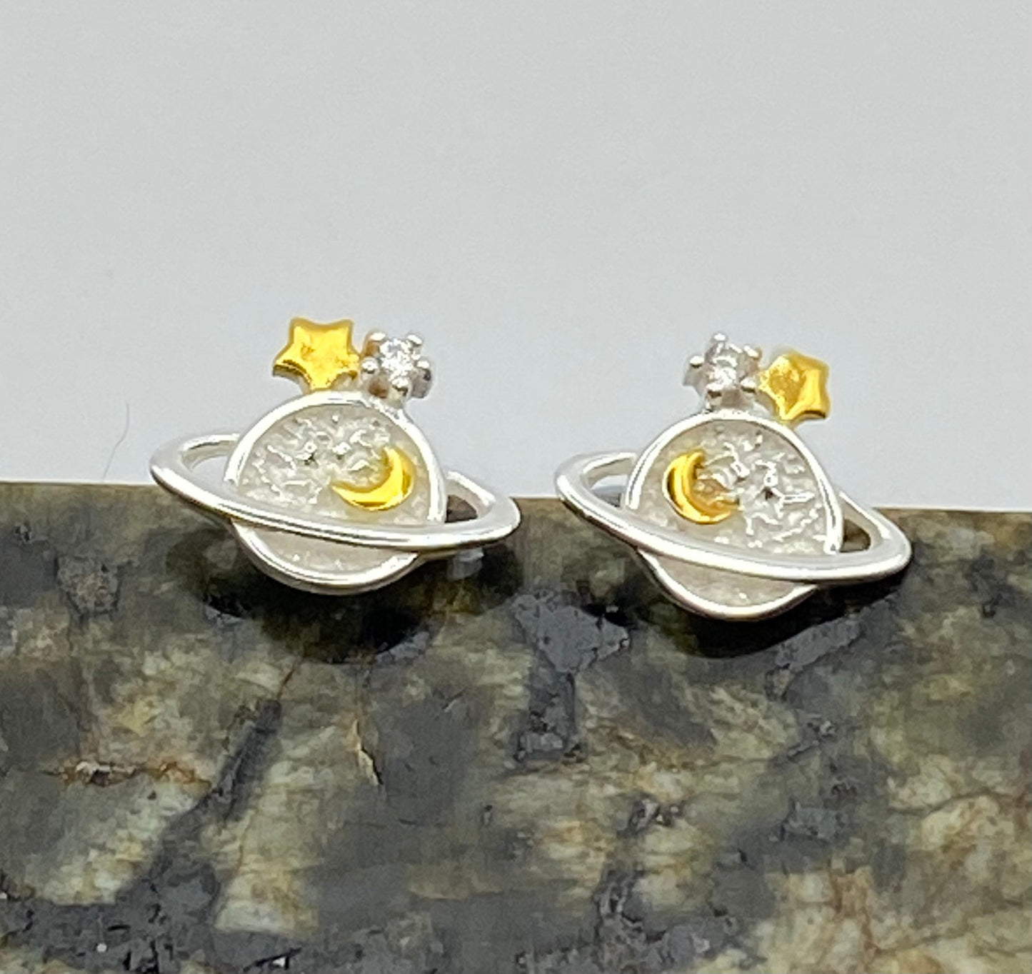 Sterling Silver and Gold Planet Stud Earrings with Cubic Zirconia