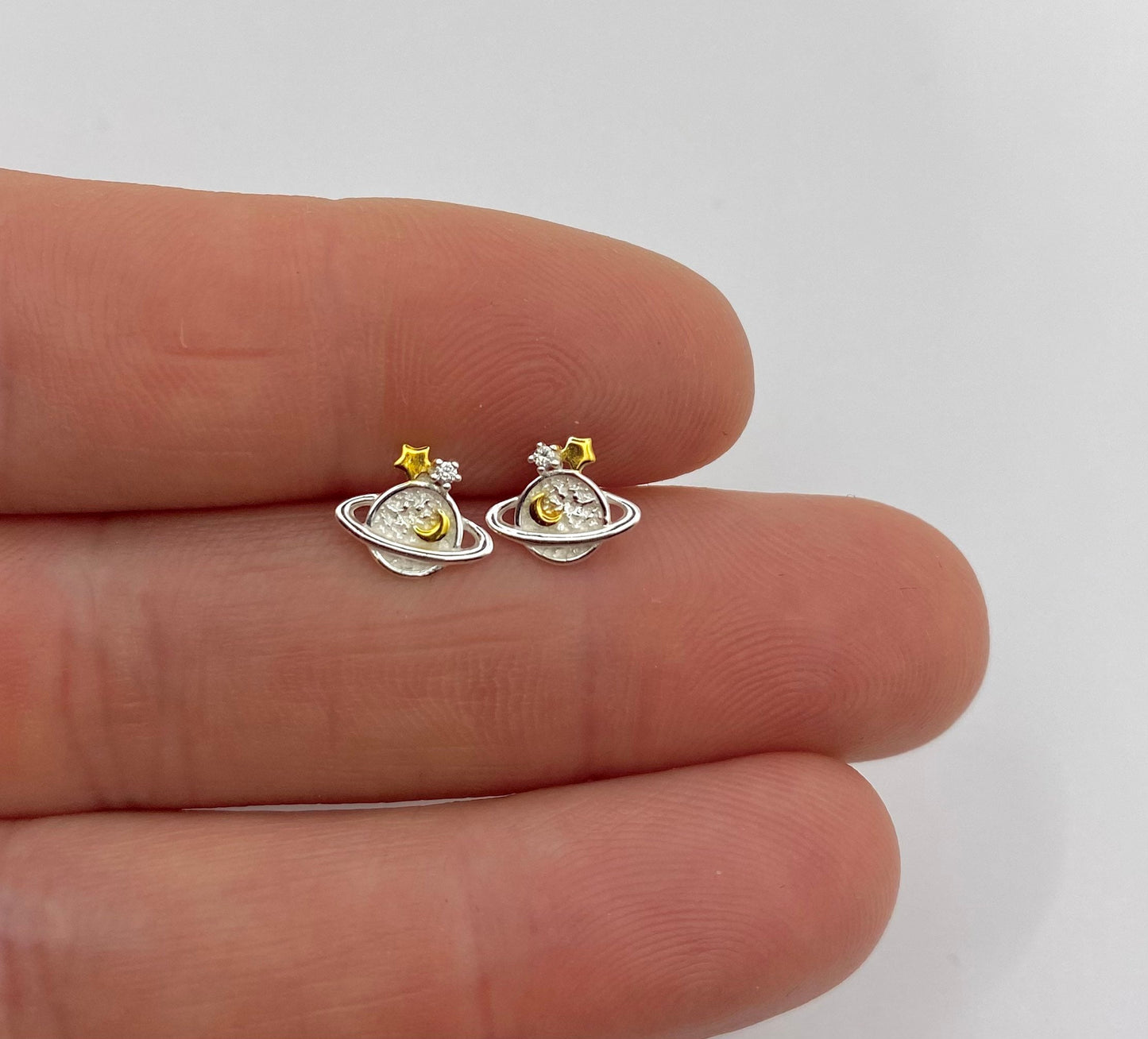 Sterling Silver and Gold Planet Stud Earrings with Cubic Zirconia