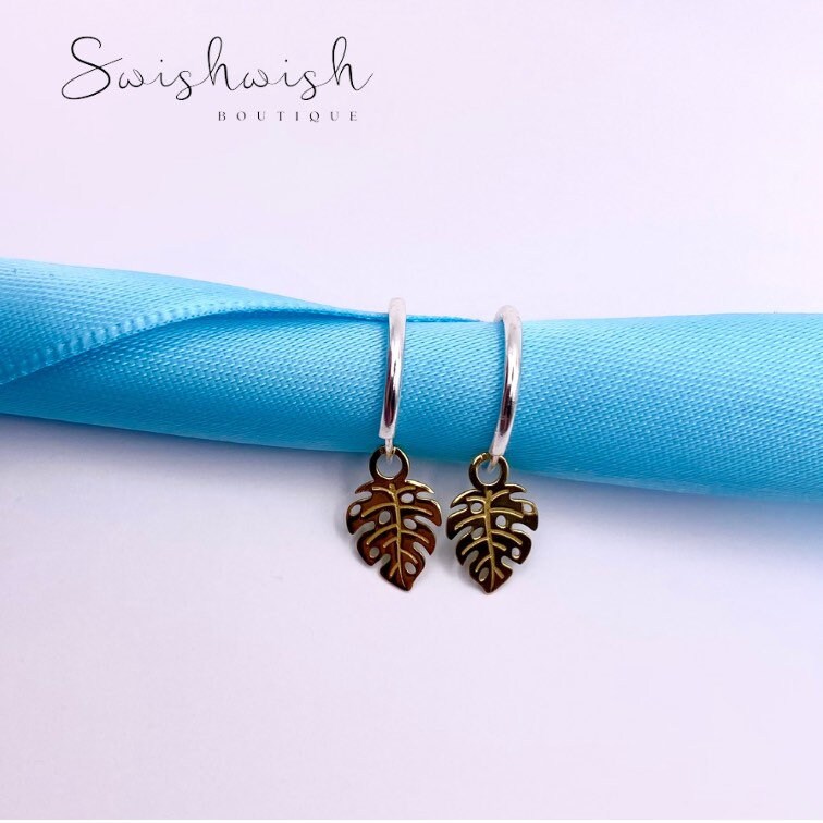 Sterling Silver Hoop Earrings with Leaf Charm