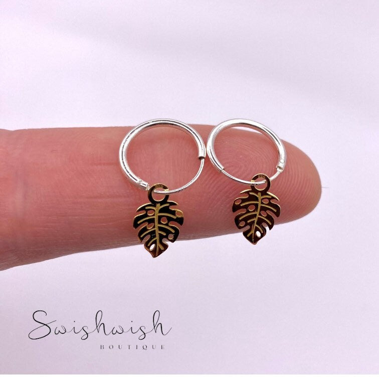 Sterling Silver Hoop Earrings with Leaf Charm