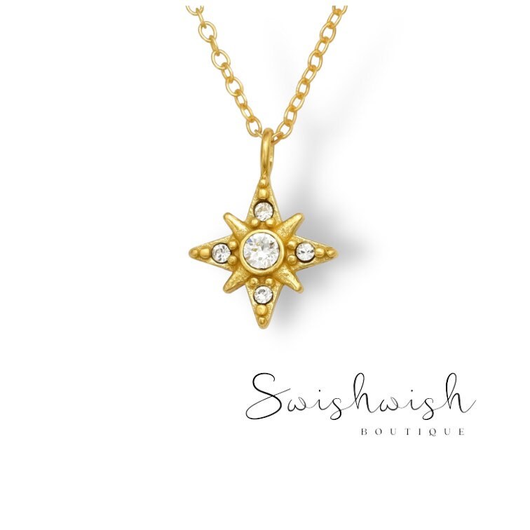 Gold North Star Necklace with Cubic Zirconia Crystals