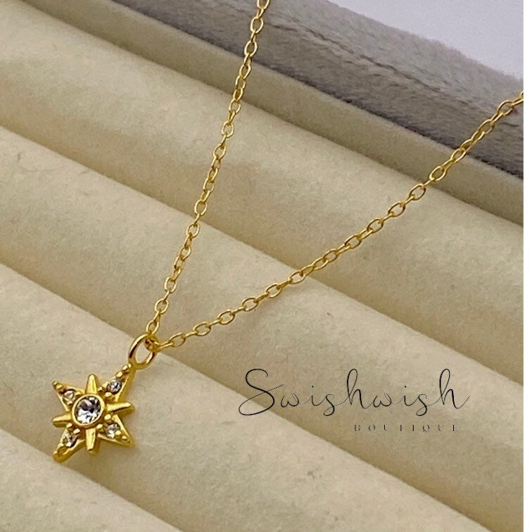 Gold North Star Necklace with Cubic Zirconia Crystals
