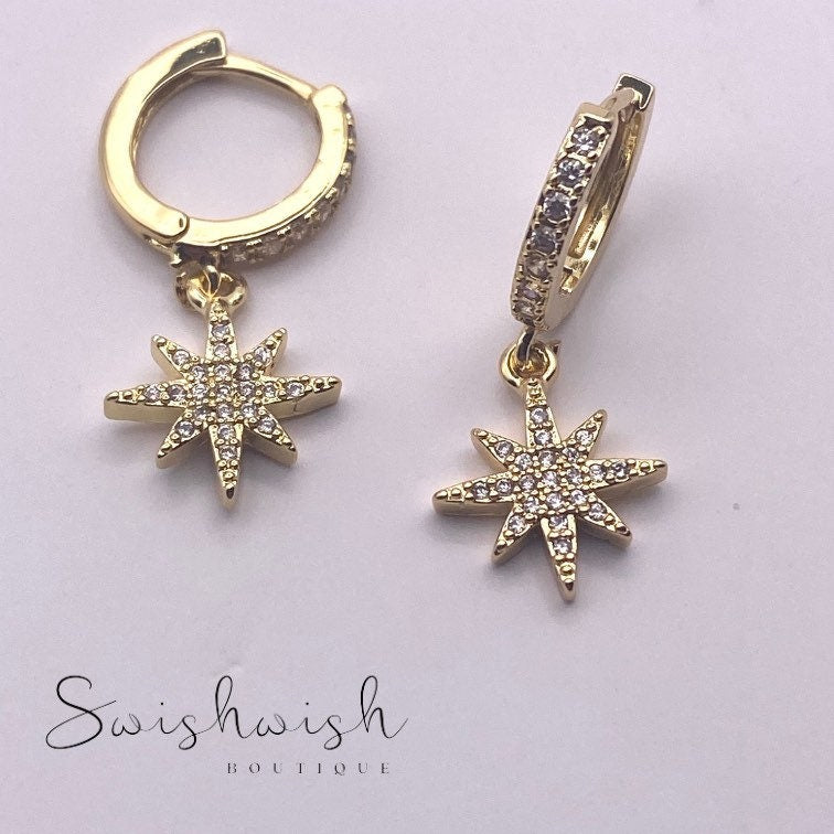 Gold Plated Star Hoop Earrings with Cubic Zirconia Crystals, Crystal Hoop Earrings with Micro Pave Star Charm
