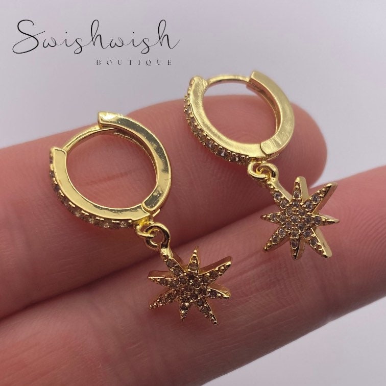Gold Plated Star Hoop Earrings with Cubic Zirconia Crystals, Crystal Hoop Earrings with Micro Pave Star Charm