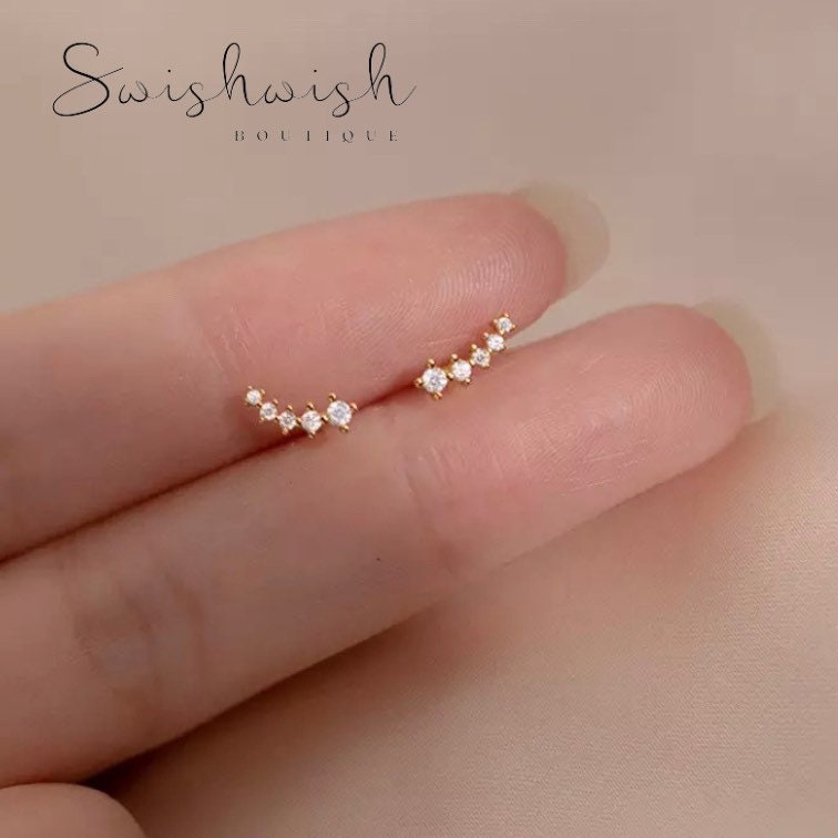 Sterling Silver Bar Stud Earrings with Cubic Zirconia Crystals, Gold Plated Crystal Ear Studs, Minimalist CZ Stud Earrings