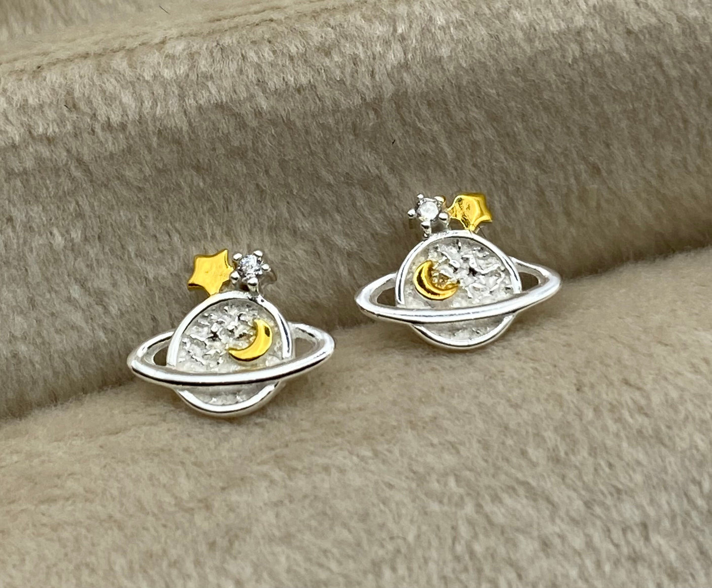 Sterling Silver and Gold Planet Stud Earrings with Cubic Zirconia