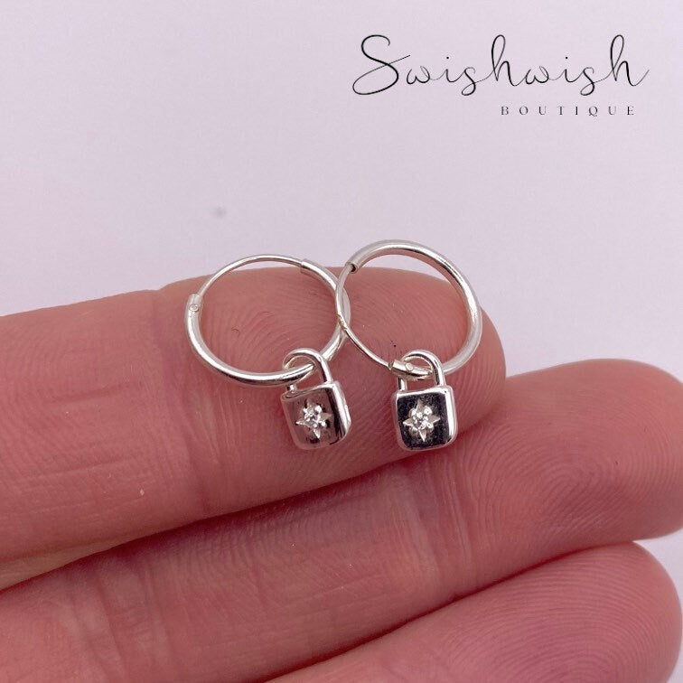 Sterling Silver Hoop Earrings with Padlock Charm