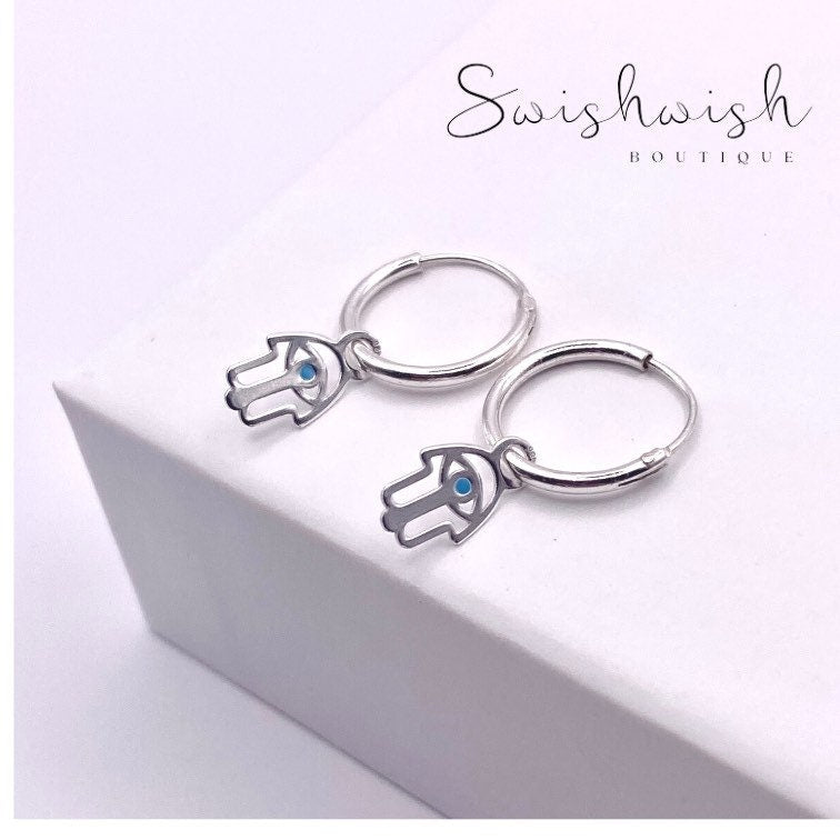 Sterling Silver Hamsa Hand Hoop Earrings