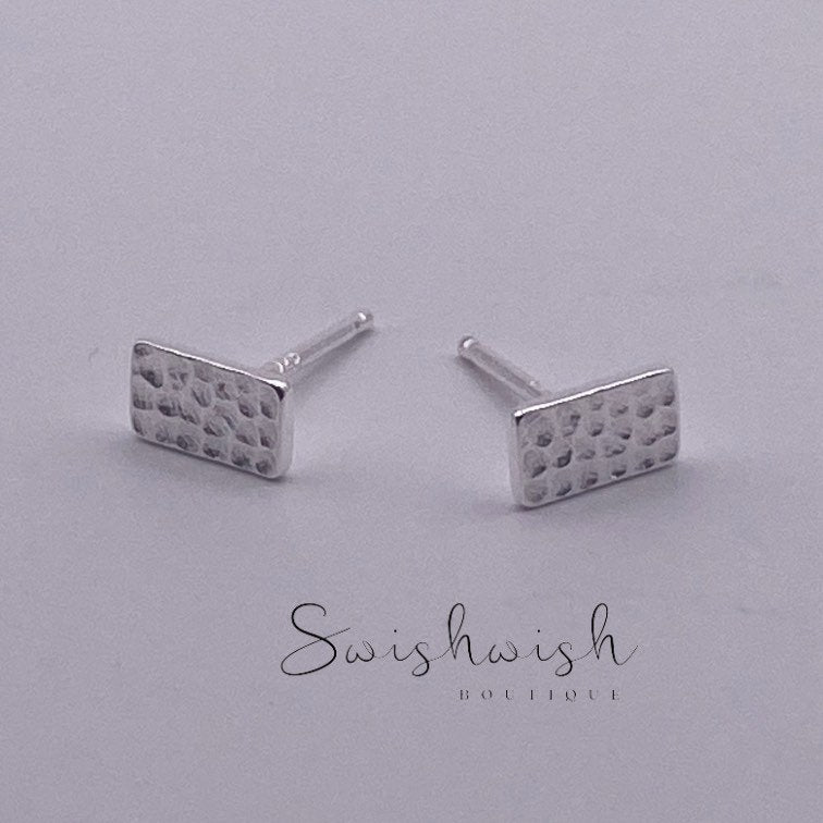 Sterling Silver Rectangle Stud Earrings with Hammered Effect