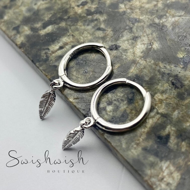 Sterling Silver Feather Hoop Earrings