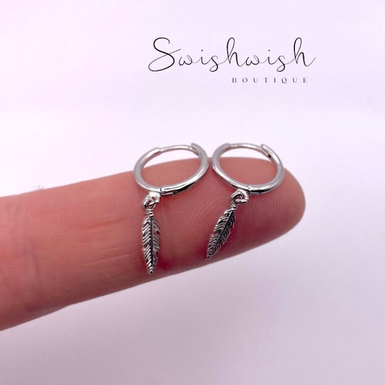 Sterling Silver Feather Hoop Earrings