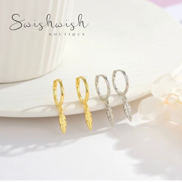 Sterling Silver Feather Hoop Earrings