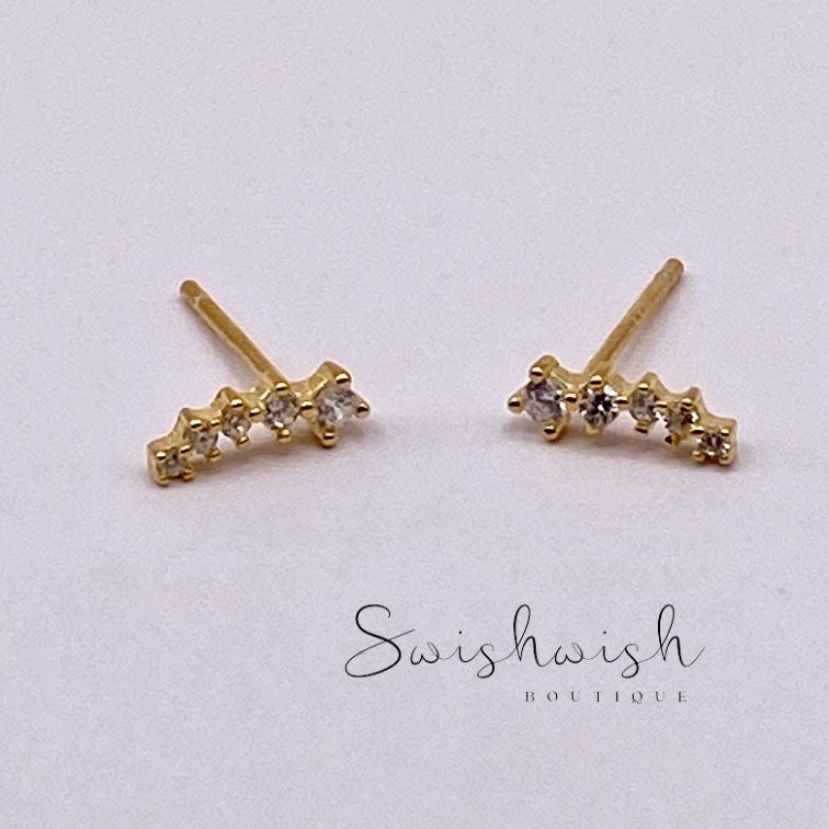 Sterling Silver Bar Stud Earrings with Cubic Zirconia Crystals, Gold Plated Crystal Ear Studs, Minimalist CZ Stud Earrings
