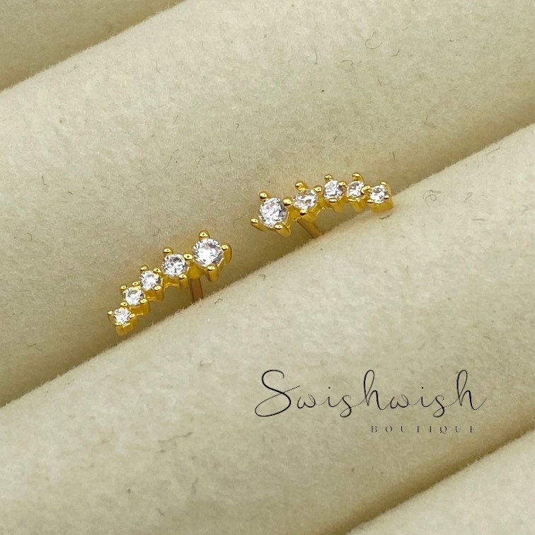 Sterling Silver Bar Stud Earrings with Cubic Zirconia Crystals, Gold Plated Crystal Ear Studs, Minimalist CZ Stud Earrings