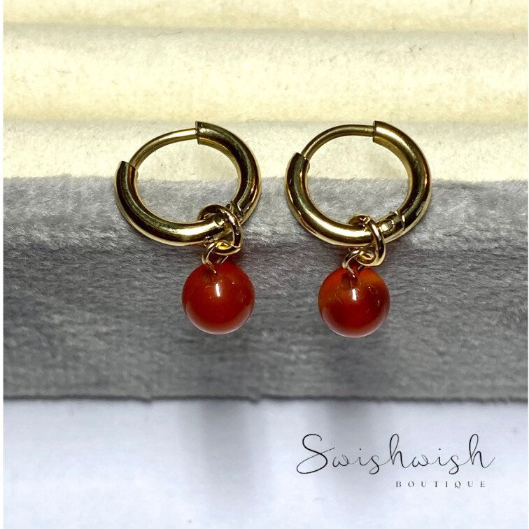 Minimalist Gemstone Huggie Hoop Earrings with Carnelian Crystal