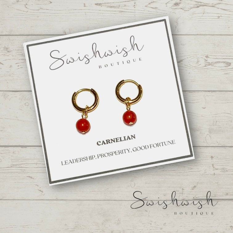 Minimalist Gemstone Huggie Hoop Earrings with Carnelian Crystal