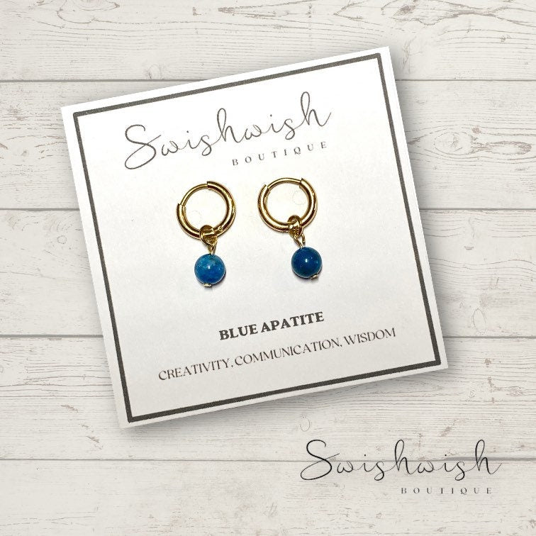 Minimalist Gemstone Huggie Hoop Earrings with Blue Apatite