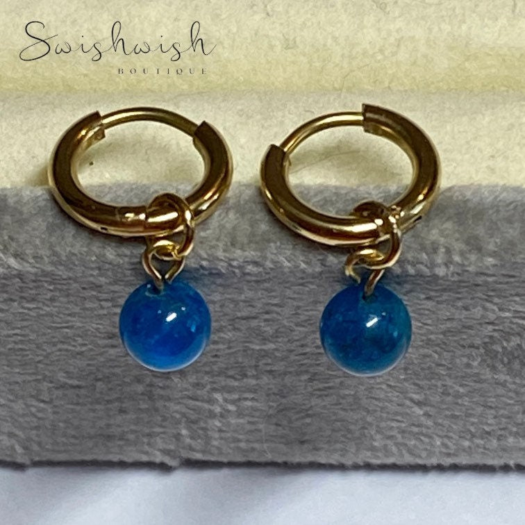 Minimalist Gemstone Huggie Hoop Earrings with Blue Apatite