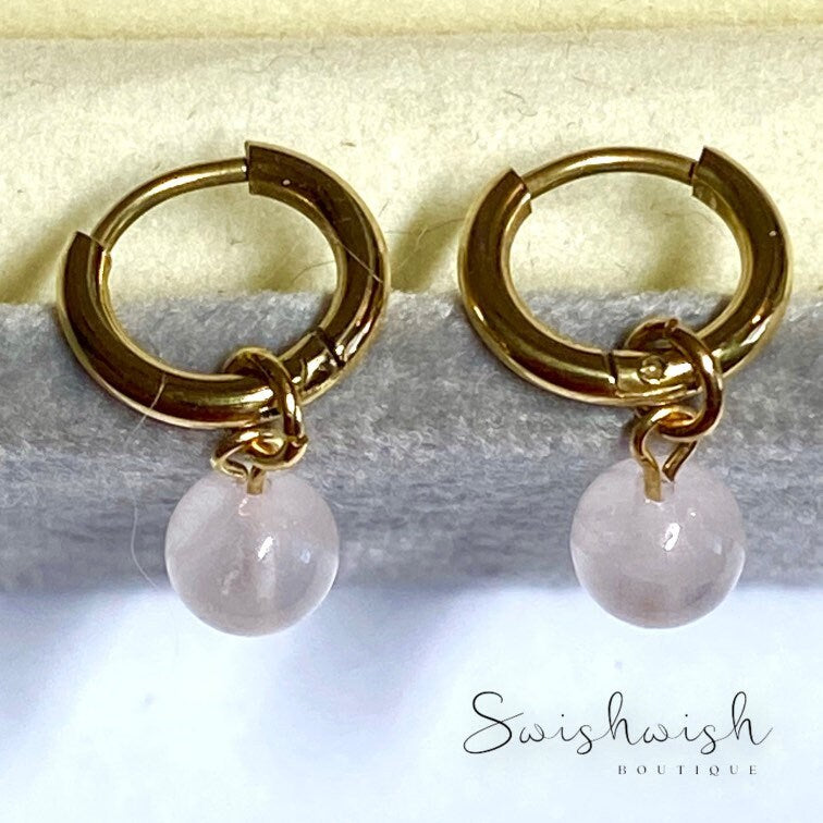 Minimalist Rose Quartz Huggie Hoop Earrings
