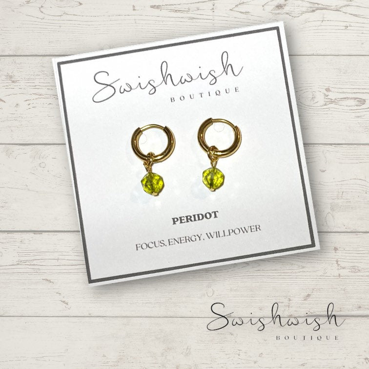 Minimalist Gemstone Huggie Hoop Earrings with Peridot Crystal