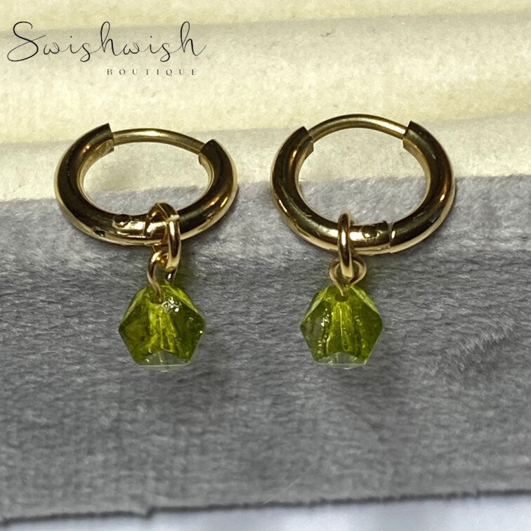 Minimalist Gemstone Huggie Hoop Earrings with Peridot Crystal