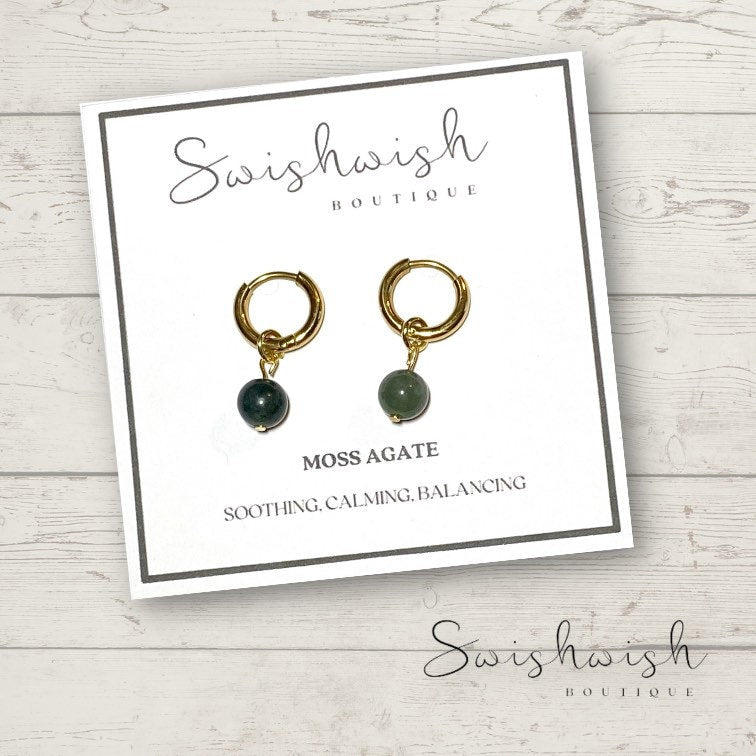 Minimalist Gemstone Huggie Hoop Earrings with Moss Agate Crystal