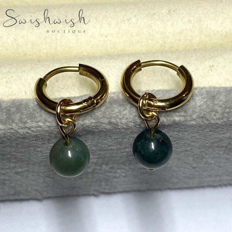Minimalist Gemstone Huggie Hoop Earrings with Moss Agate Crystal