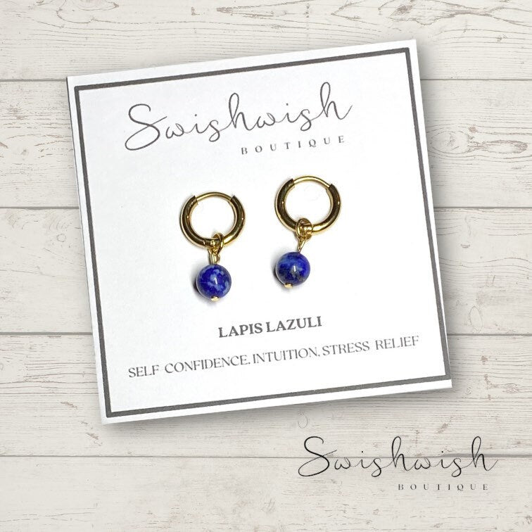 Minimalist Gemstone Huggie Hoop Earrings with Lapis Lazuli Crystal