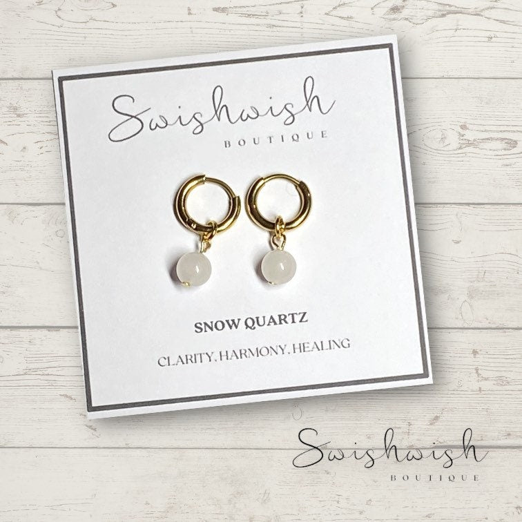 Minimalist Gemstone Huggie Hoop Earrings with Snow Quartz Crystal