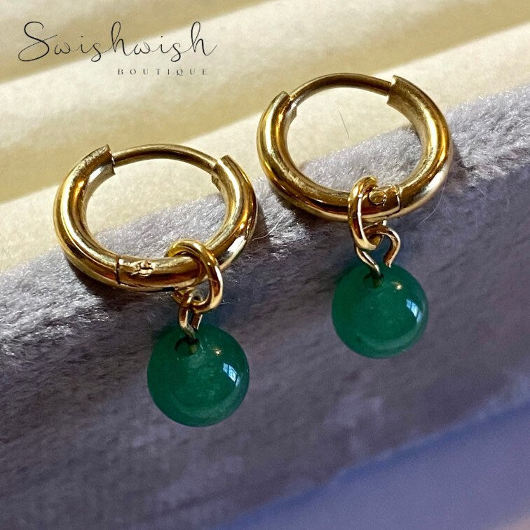 Minimalist Gemstone Huggie Hoop Earrings with Green Aventurine Crystal