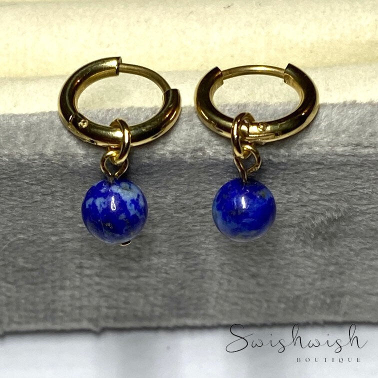 Minimalist Gemstone Huggie Hoop Earrings with Lapis Lazuli Crystal
