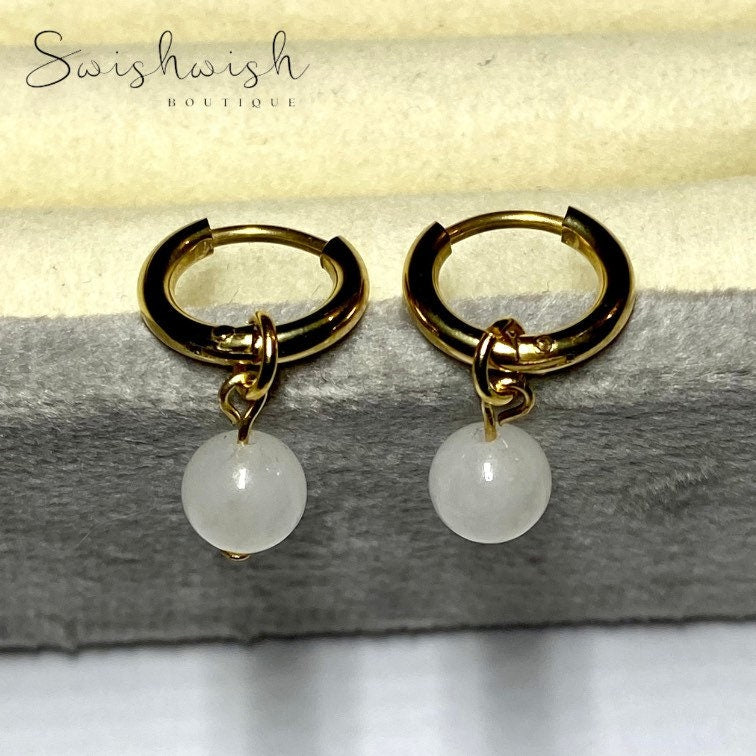 Minimalist Gemstone Huggie Hoop Earrings with Snow Quartz Crystal