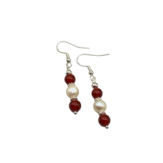 Silver Dangle Earrings with Carnelian Crystals and Freshwater Pearls