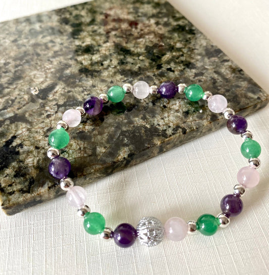 Self Love Gemstone Crystal Bracelet with Rose Quartz, Amethyst and Green Aventurine Beads