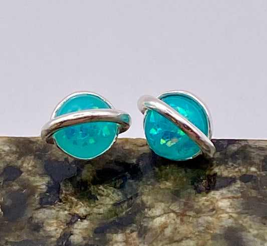 Sterling Silver Planet Stud Earrings with Fire Opal