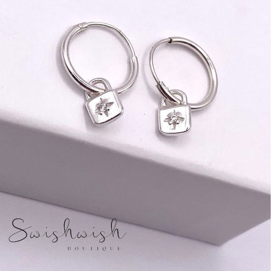 Sterling Silver Hoop Earrings with Padlock Charm