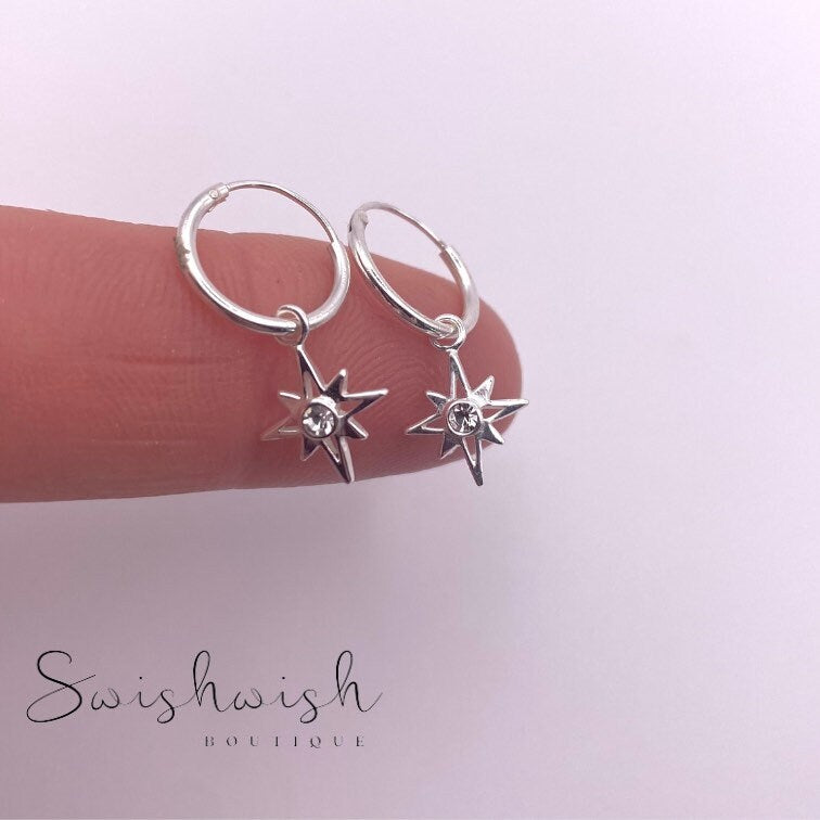 Sterling Silver North Star Hoop Earrings