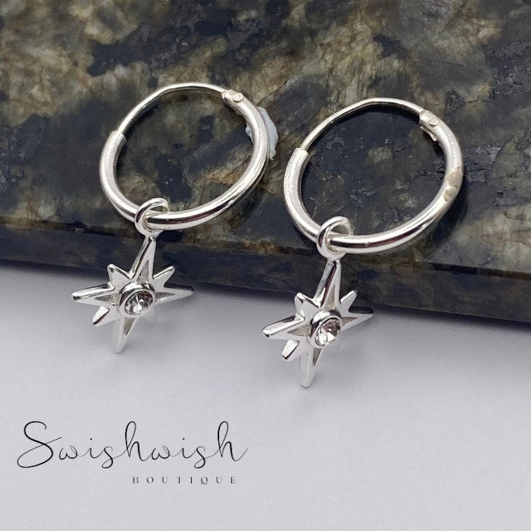 Sterling Silver North Star Hoop Earrings