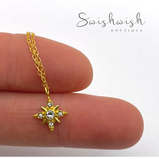 Gold North Star Necklace with Cubic Zirconia Crystals