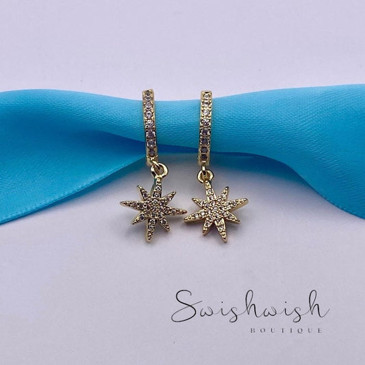 Gold Plated Star Hoop Earrings with Cubic Zirconia Crystals, Crystal Hoop Earrings with Micro Pave Star Charm
