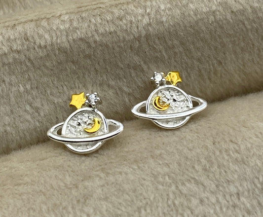 Sterling Silver and Gold Planet Stud Earrings with Cubic Zirconia