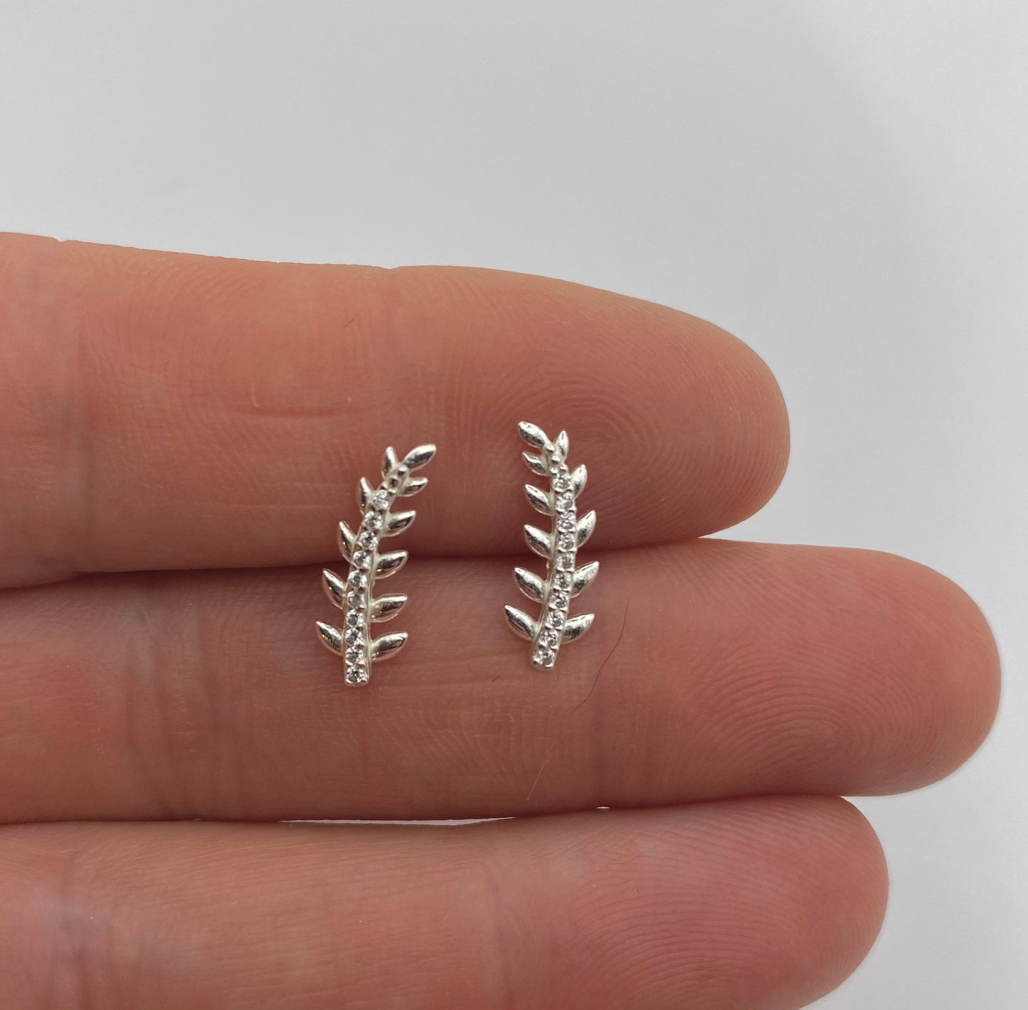 Sterling Silver Leaf Stud Earrings with Tiny Cubic Zirconia Crystals