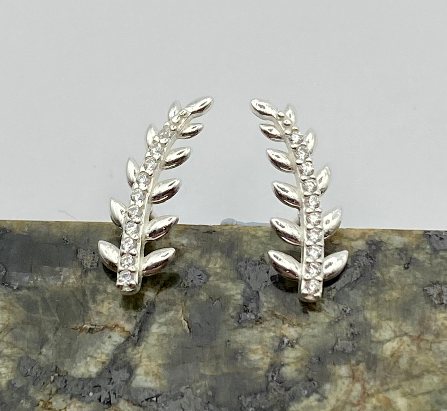 Sterling Silver Leaf Stud Earrings with Tiny Cubic Zirconia Crystals