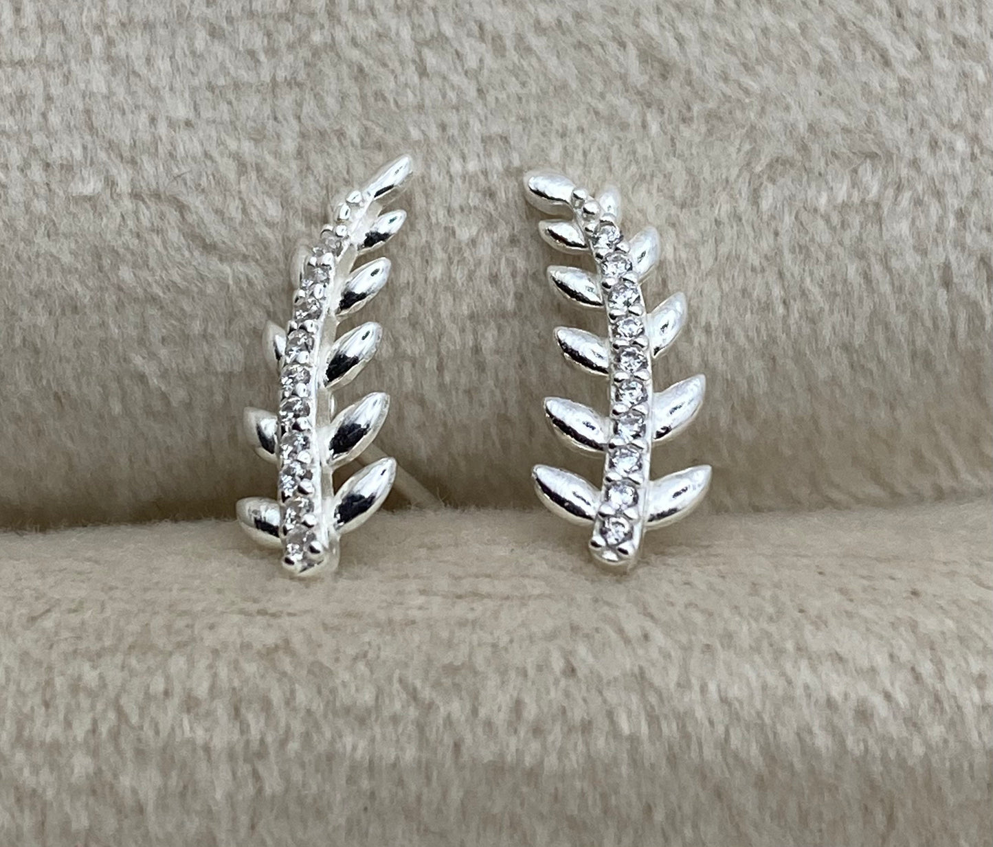 Sterling Silver Leaf Stud Earrings with Tiny Cubic Zirconia Crystals