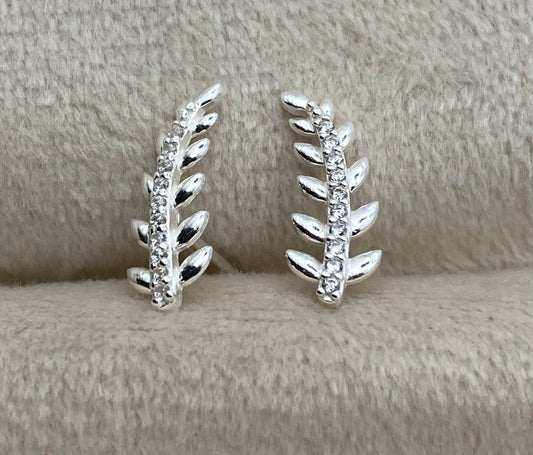 Sterling Silver Leaf Stud Earrings with Tiny Cubic Zirconia Crystals