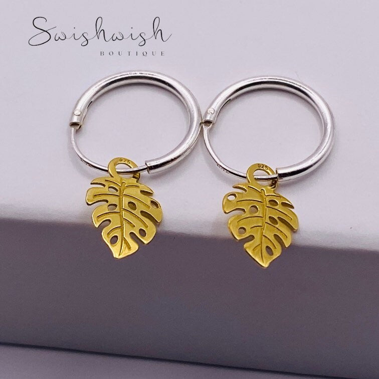Sterling Silver Hoop Earrings with Leaf Charm