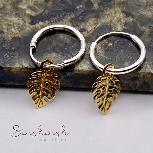 Sterling Silver Hoop Earrings with Leaf Charm