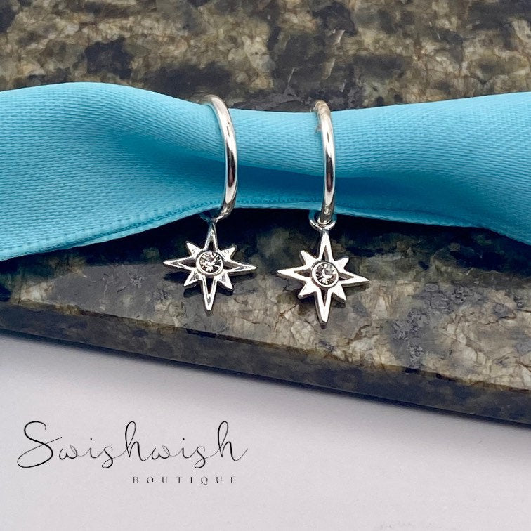 Sterling Silver North Star Hoop Earrings
