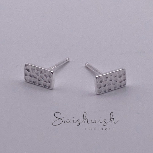 Sterling Silver Rectangle Stud Earrings with Hammered Effect